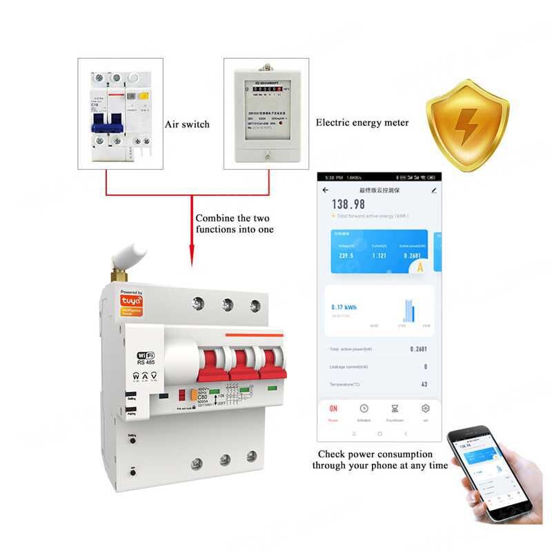 Disjunctor inteligent Wi-Fi 4P (400 V) Tuya, măsurare energie Disjunctor inteligent Wi-Fi 4P (400 V) Tuya, măsurare energie